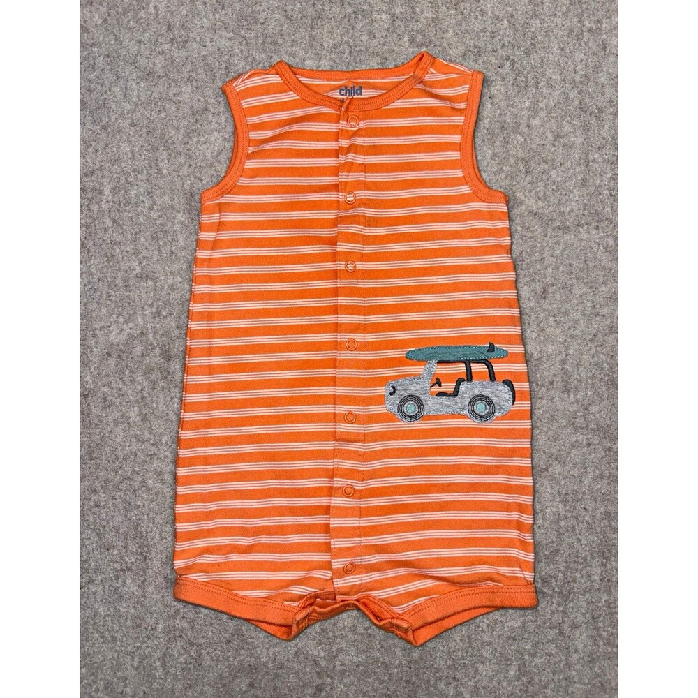 Child of Mine by Carter's 18M Orange/White Striped Sleeveless Snap Romper Cars